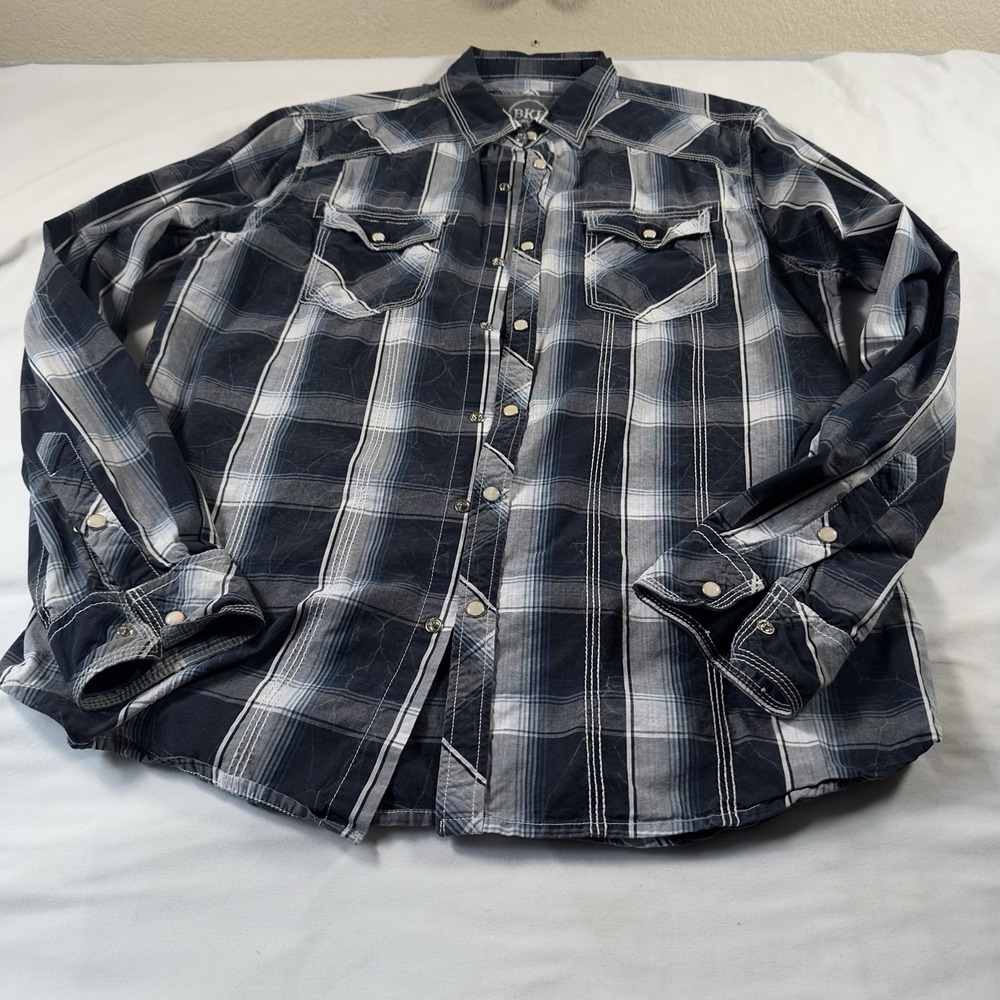 BKE Buckle Shirt Men M Athletic Fit Black Plaid Western Pearl Snap Stretch